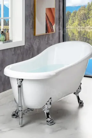 Affordable WoodBridge 67" White Acrylic Slipper Clawfoot Bath Tub With Chrome Feet, Drain, Overflow, F0024CHSQ Tub Filler and Caddy Tray
