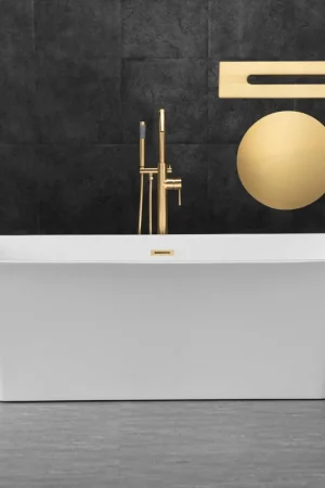 WoodBridge B0004 67" White Acrylic Freestanding Soaking Bathtub With Brushed Gold Drain, Overflow, F0073BGVT Tub Filler and Caddy Tray Fast Shipping