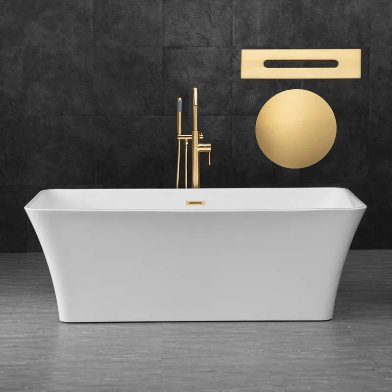 WoodBridge B0004 67" White Acrylic Freestanding Soaking Bathtub With Brushed Gold Drain, Overflow, F0073BGVT Tub Filler and Caddy Tray Fast Shipping