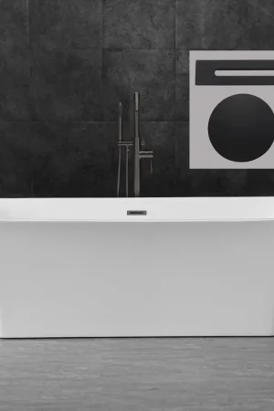 WoodBridge B0004 67" White Acrylic Freestanding Soaking Bathtub With Matte Black Drain, Overflow, F0009 Tub Filler and Caddy Tray Reduced Price