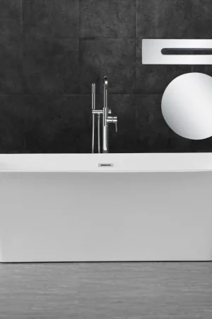 WoodBridge B0004 67" White Acrylic Freestanding Soaking Bathtub With Chrome Drain, Overflow, F0036CH Tub Filler and Caddy Tray Weekend Sale