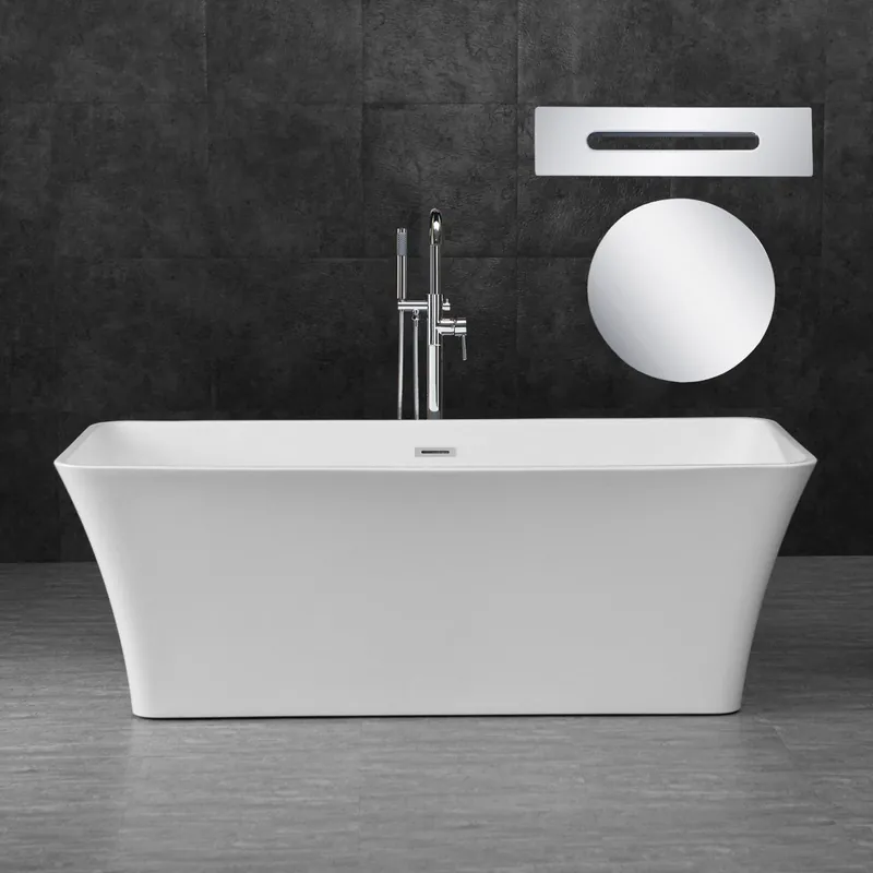 WoodBridge B0004 67" White Acrylic Freestanding Soaking Bathtub With Chrome Drain, Overflow, F0002CHSQ Tub Filler and Caddy Tray Flash Sale