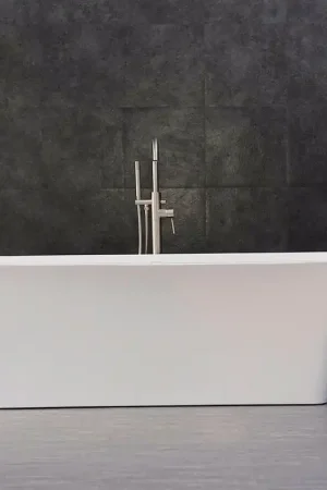 WoodBridge B0004 67" White Acrylic Freestanding Soaking Bathtub With Brushed Nickel Drain, Overflow, F-0018BN Tub Filler and Caddy Tray Must Have