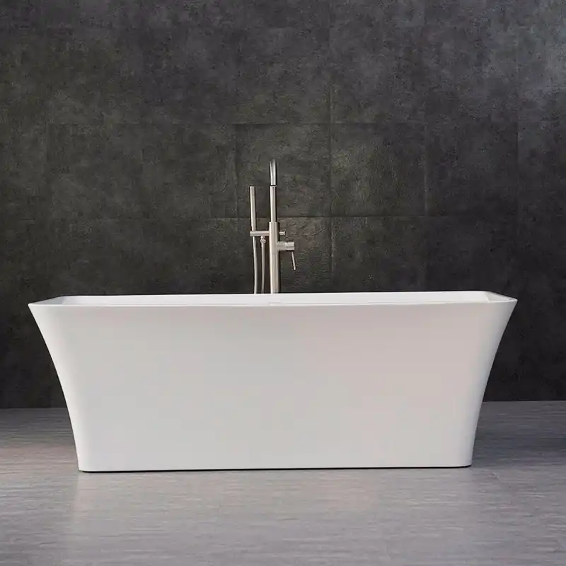 WoodBridge B0004 67" White Acrylic Freestanding Soaking Bathtub With Brushed Nickel Drain, Overflow, F0001BNSQ Tub Filler and Caddy Tray In Demand