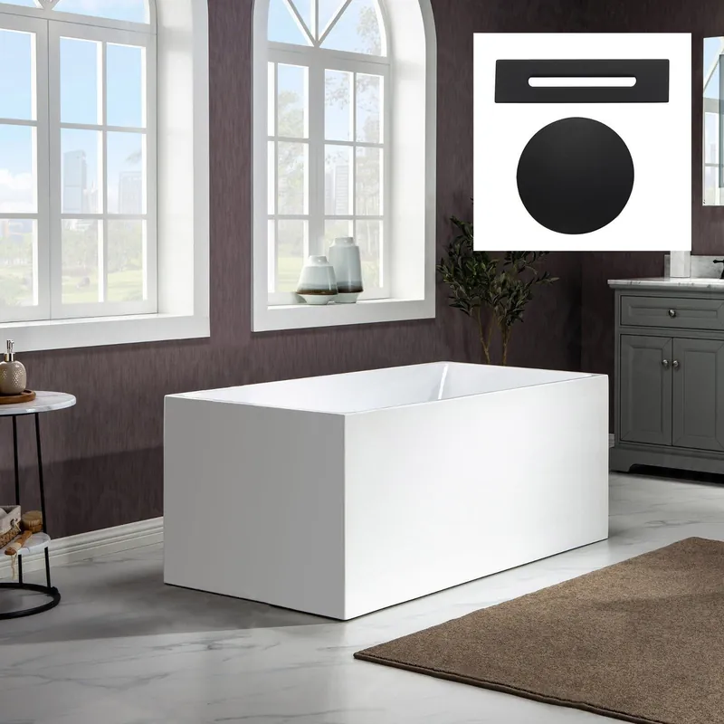 WoodBridge B-0086 67" White Acrylic Freestanding Soaking Bathtub With Matte Black Drain, Overflow, F0072MBSQ Tub Filler and Caddy Tray Buy Online