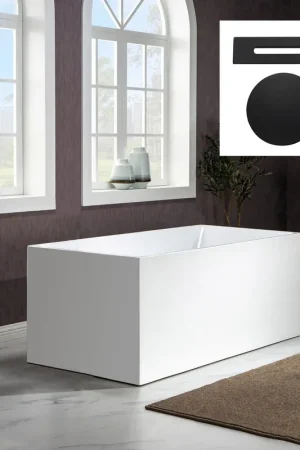WoodBridge B-0086 67" White Acrylic Freestanding Soaking Bathtub With Matte Black Drain, Overflow, F0072MBRD Tub Filler and Caddy Tray Direct From Factory