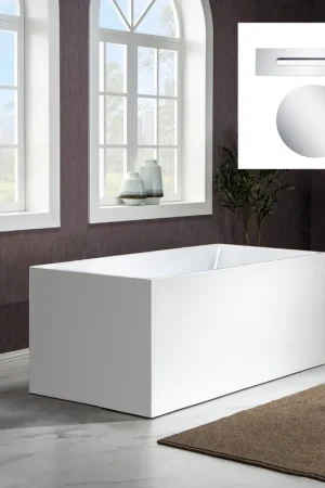 Worldwide Shipping WoodBridge B-0086 67" White Acrylic Freestanding Soaking Bathtub With Chrome Drain, Overflow, F-0017CH Tub Filler and Caddy Tray