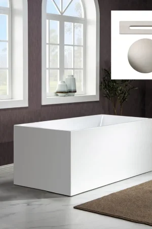 Worldwide Shipping WoodBridge B-0085 59" White Acrylic Freestanding Soaking Bathtub With Chrome Drain, Overflow, F0024CHVT Tub Filler and Caddy Tray