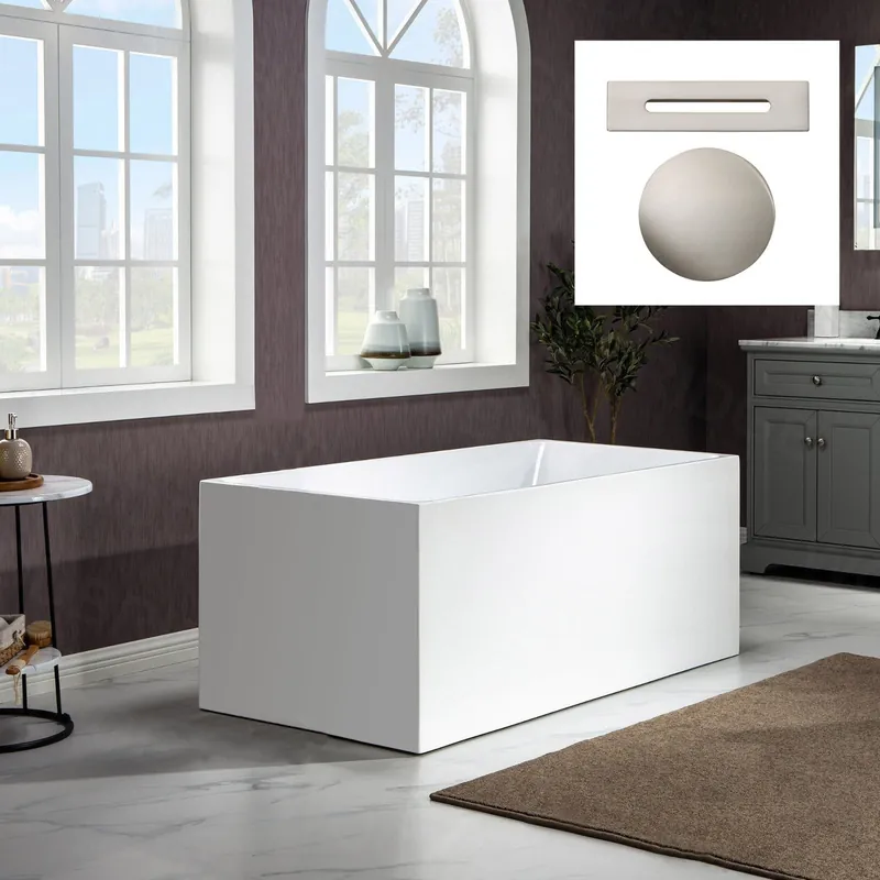 Affordable WoodBridge B-0085 59" White Acrylic Freestanding Soaking Bathtub With Brushed Nickel Drain, Overflow, F-0018BN Tub Filler and Caddy Tray