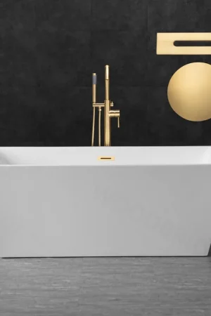 WoodBridge B1412 59" White Acrylic Freestanding Soaking Bathtub With Brushed Gold Drain, Overflow, F0073BGVT Tub Filler and Caddy Tray Hassle-Free Returns