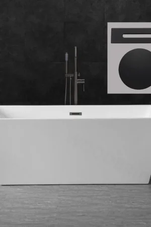 WoodBridge B1412 59" White Acrylic Freestanding Soaking Bathtub With Matte Black Drain, Overflow, F0025MBVT Tub Filler and Caddy Tray Crafted