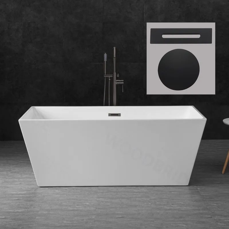 WoodBridge B1412 59" White Acrylic Freestanding Soaking Bathtub With Matte Black Drain, Overflow, F0025MBRD Tub Filler and Caddy Tray Today Only