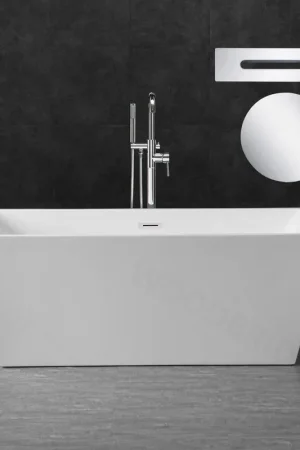 WoodBridge B1412 59" White Acrylic Freestanding Soaking Bathtub With Chrome Drain, Overflow, F0071CHRD Tub Filler and Caddy Tray Limited Offer