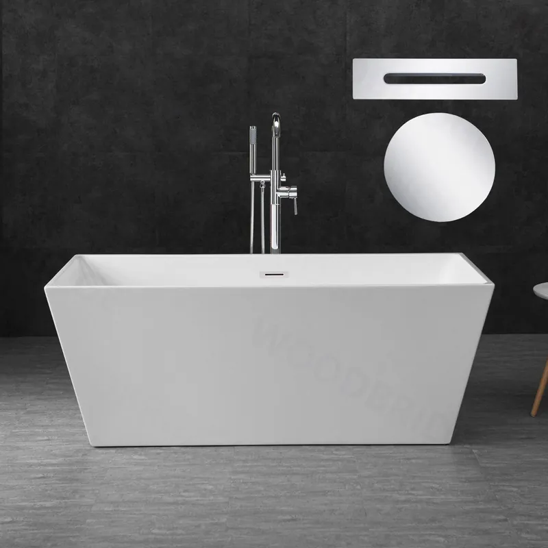 WoodBridge B1412 59" White Acrylic Freestanding Soaking Bathtub With Chrome Drain, Overflow, F-0004 Tub Filler and Caddy Tray Fresh Stock