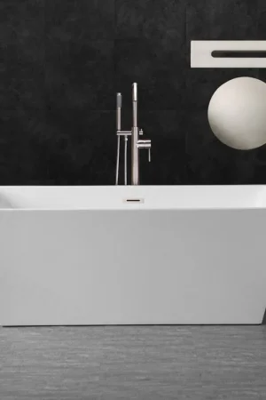WoodBridge B1412 59" White Acrylic Freestanding Soaking Bathtub With Brushed Nickel Drain, Overflow, F0023BNVT Tub Filler and Caddy Tray High Quality