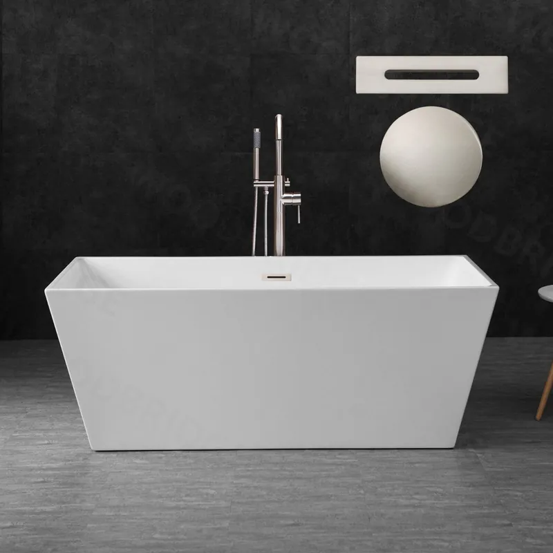 WoodBridge B1412 59" White Acrylic Freestanding Soaking Bathtub With Brushed Nickel Drain, Overflow, F0001BNVT Tub Filler and Caddy Tray Fresh Stock