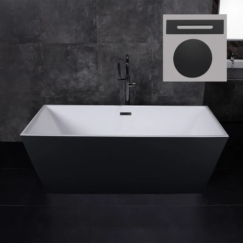 WoodBridge BTA1812 67" Black Acrylic Freestanding Soaking Bathtub With Matte Black Drain, Overflow, F0072MBVT Tub Filler and Caddy Tray Certified