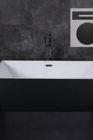 WoodBridge BTA1812 67" Black Acrylic Freestanding Soaking Bathtub With Matte Black Drain, Overflow, F-0015 Tub Filler and Caddy Tray While Supplies Last