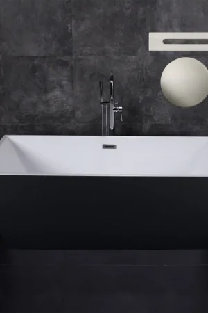WoodBridge BTA1812 67" Black Acrylic Freestanding Soaking Bathtub With Brushed Nickel Drain, Overflow, F0070BNRD Tub Filler and Caddy Tray Bargain