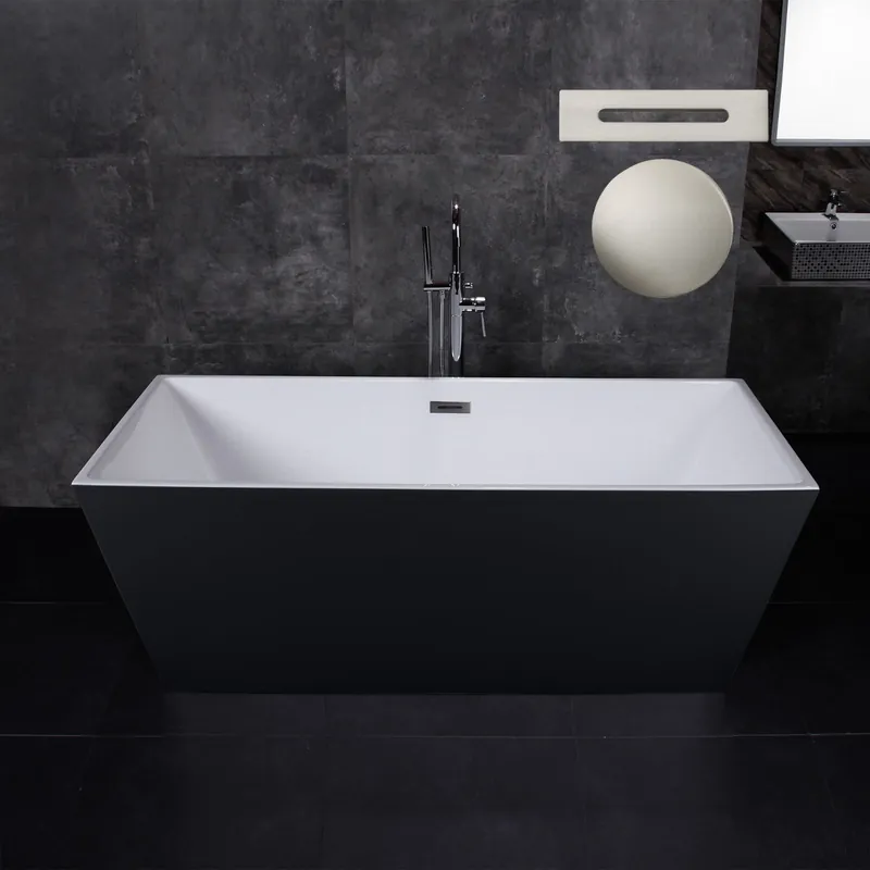 WoodBridge BTA1812 67" Black Acrylic Freestanding Soaking Bathtub With Brushed Nickel Drain, Overflow, F-0018BN Tub Filler and Caddy Tray Top Rated