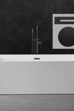 WoodBridge B0003 67" White Acrylic Freestanding Soaking Bathtub With Matte Black Drain, Overflow, F0037MB Tub Filler and Caddy Tray Sale