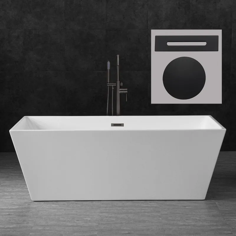WoodBridge B0003 67" White Acrylic Freestanding Soaking Bathtub With Matte Black Drain, Overflow, F-0015 Tub Filler and Caddy Tray Next Day Delivery