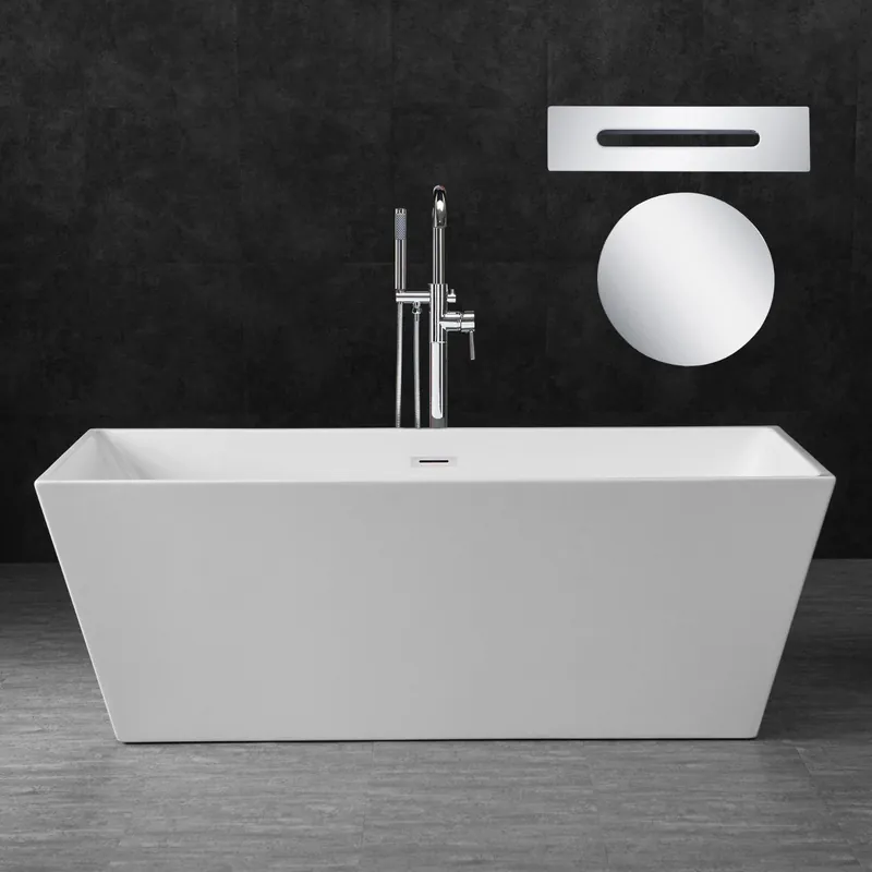 WoodBridge B0003 67" White Acrylic Freestanding Soaking Bathtub With Chrome Drain, Overflow, F0036CH Tub Filler and Caddy Tray Limited Edition