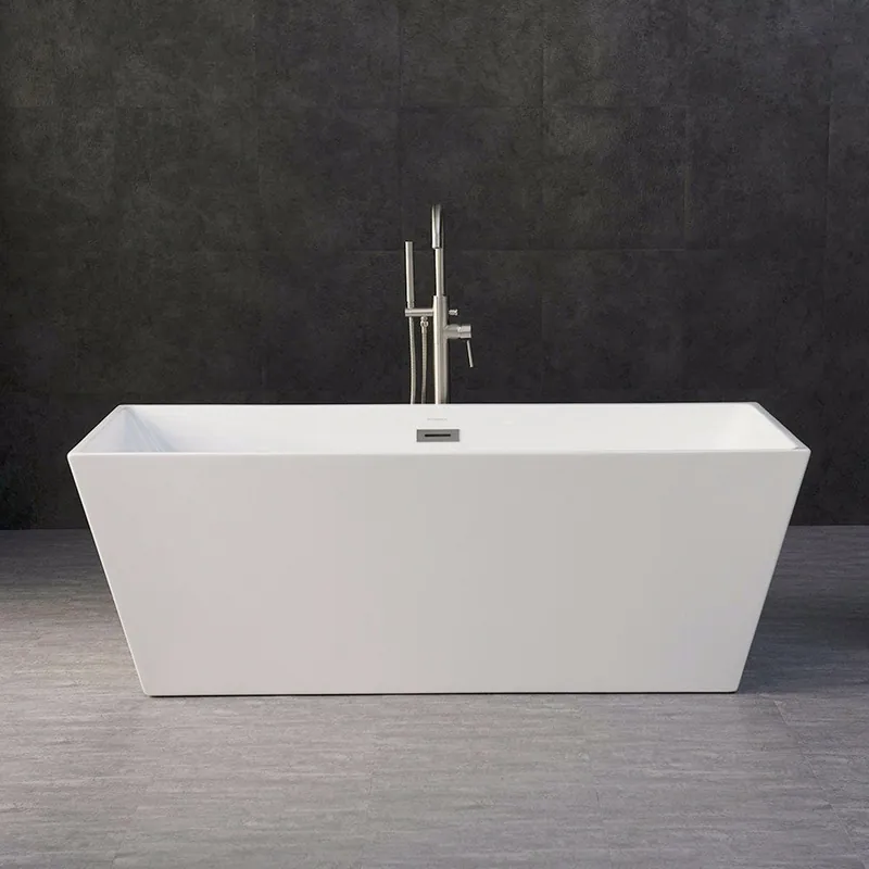 Worldwide Shipping WoodBridge B0003 67" White Acrylic Freestanding Soaking Bathtub With Brushed Nickel Drain, Overflow, F0070BNSQ Tub Filler and Caddy Tray
