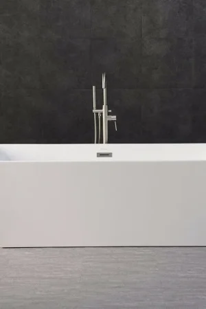 WoodBridge B0003 67" White Acrylic Freestanding Soaking Bathtub With Brushed Nickel Drain, Overflow, F0001BNVT Tub Filler and Caddy Tray Last Chance