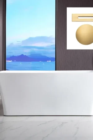 WoodBridge B-1509 59" White Acrylic Freestanding Soaking Bathtub With Brushed Gold Drain, Overflow, F0026BGVT Tub Filler and Caddy Tray Wholesale