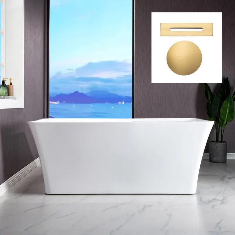 WoodBridge B-1509 59" White Acrylic Freestanding Soaking Bathtub With Brushed Gold Drain, Overflow, F-0008 Tub Filler and Caddy Tray Free Shipping