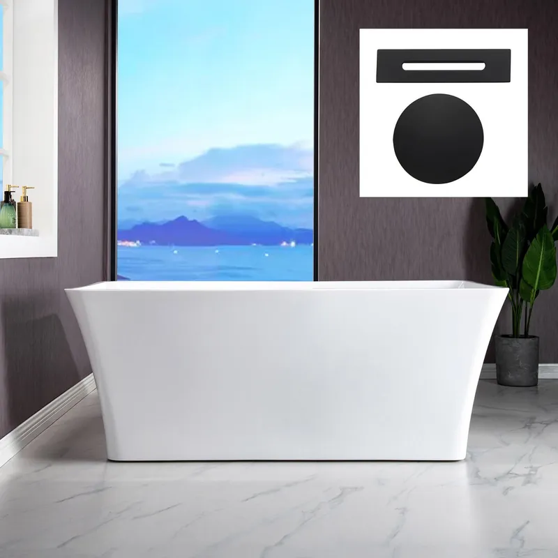 WoodBridge B-1509 59" White Acrylic Freestanding Soaking Bathtub With Matte Black Drain, Overflow, F0072MBVT Tub Filler and Caddy Tray Special Offer