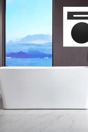 Affordable WoodBridge B-1509 59" White Acrylic Freestanding Soaking Bathtub With Matte Black Drain, Overflow, F0006MBSQ Tub Filler and Caddy Tray