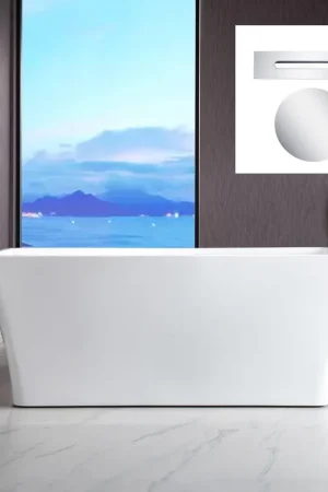 WoodBridge B-1509 59" White Acrylic Freestanding Soaking Bathtub With Chrome Drain, Overflow, F0071CHSQ Tub Filler and Caddy Tray Authentic