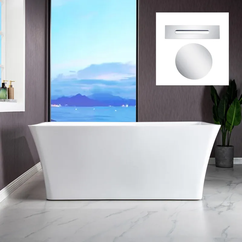 WoodBridge B-1509 59" White Acrylic Freestanding Soaking Bathtub With Chrome Drain, Overflow, F0024CHRD Tub Filler and Caddy Tray Grab Now