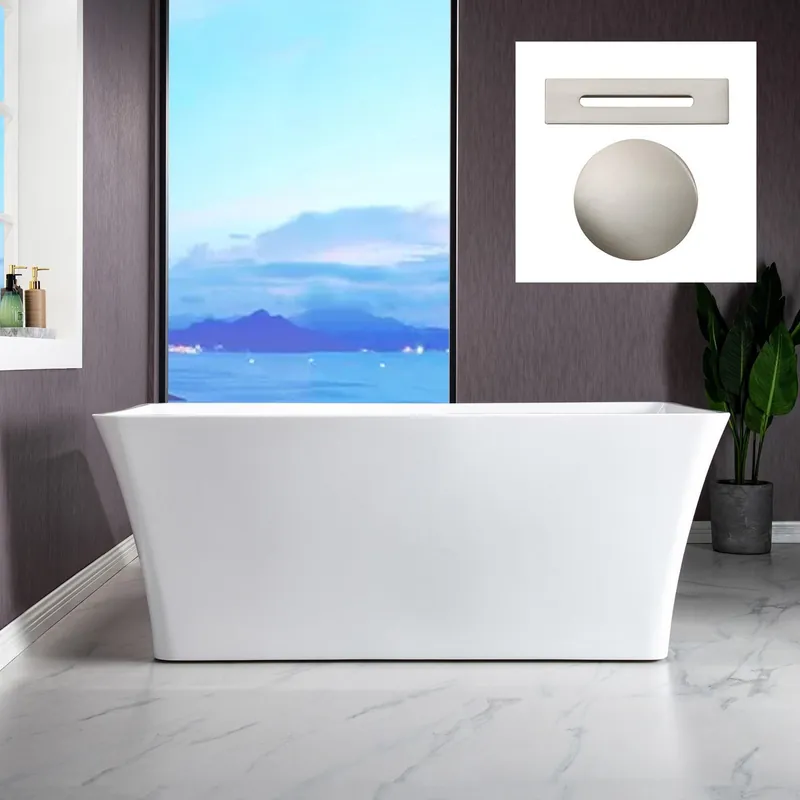 WoodBridge B-1509 59" White Acrylic Freestanding Soakng Bathtub With Brushed Nickel Drain, Overflow, F0070BNVT Tub Filler and Caddy Tray Fan Favorite