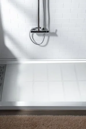 Worldwide Shipping WoodBridge 60" x 36" White Solid Surface Left Drain Location Brushed Nickel Trench Cover Shower Base With MBSDC6076-B Frameless Shower Door and SWP603696-1-SU-H White High Gloss Pattern 3-Panel Shower Wall Kit