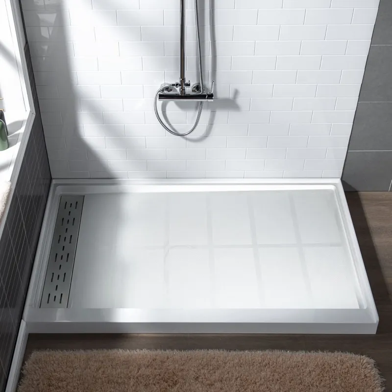 Worldwide Shipping WoodBridge 60" x 36" White Solid Surface Left Drain Location Brushed Nickel Trench Cover Shower Base With MBSDC6076-B Frameless Shower Door and SWP603696-1-SU-H White High Gloss Pattern 3-Panel Shower Wall Kit