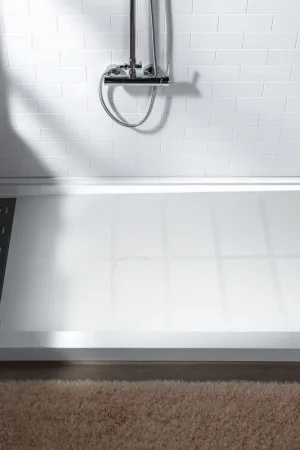 Worldwide Shipping WoodBridge 60" x 34" White Solid Surface Left Drain Location Matte Black Trench Cover Shower Base With MSDC6062-MBL Frameless Shower Door and SWP603296-1-SU-H White High Gloss Vertical Pattern 3-Panel Shower Wall Kit