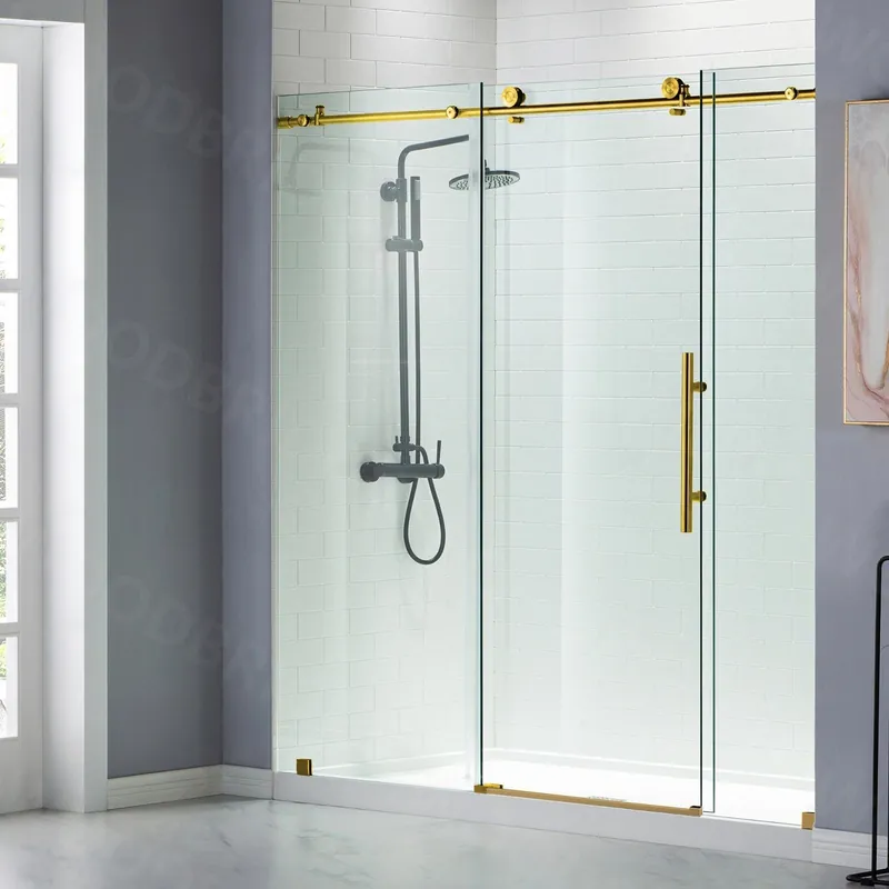 Clearance WoodBridge 72" W x 76" H Clear Tempered Glass Frameless Shower Door With Brushed Gold Hardware Finish