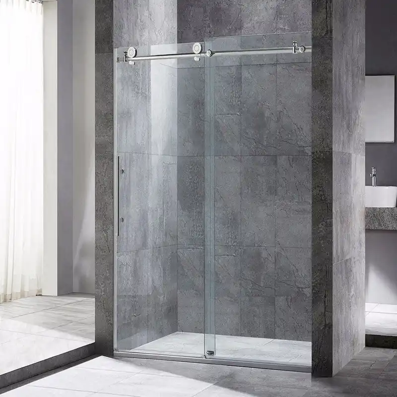 WoodBridge 48" W x 76" H Clear Tempered Glass Frameless Shower Door With Brushed Nickel Hardware Finish Certified