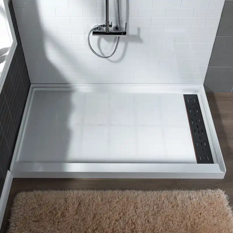 WoodBridge 60" x 34" White Solid Surface Shower Base Right Drain Location With Oil Rubbed Bronze Trench Drain Cover Discount
