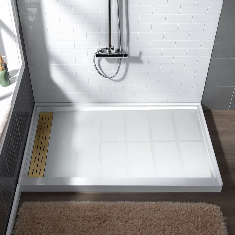 High Quality WoodBridge 60" x 34" White Solid Surface Shower Base Left Drain Location With Brushed Gold Trench Drain Cover