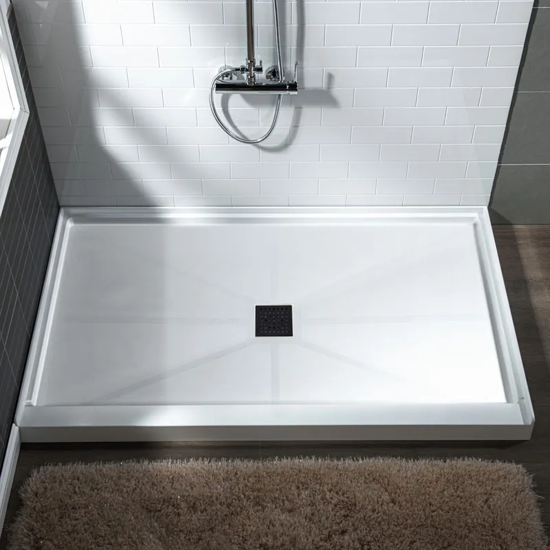 Markdown WoodBridge 60" x 34" White Solid Surface Shower Base Center Drain Location With Matte Black Trench Drain Cover