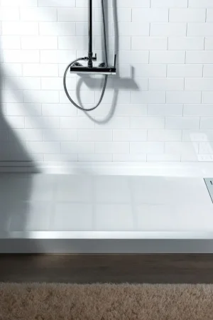 Affordable WoodBridge 60" x 30" White Solid Surface Shower Base Right Drain Location With Chrome Trench Drain Cover