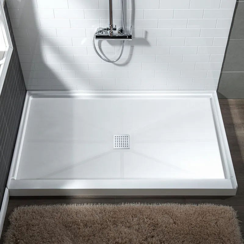 WoodBridge 60" x 30" White Solid Surface Shower Base Center Drain Location With Chrome Trench Drain Cover Bargain