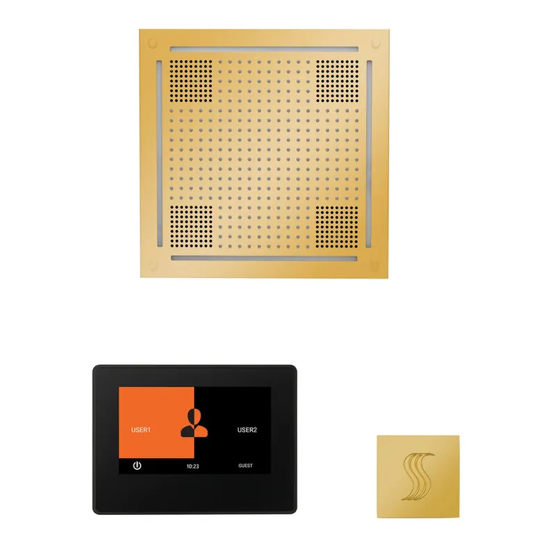 ThermaSol The Wellness Polished Gold Finish Hydrovive Steam Square Package with 7" ThermaTouch and SteamVection Original