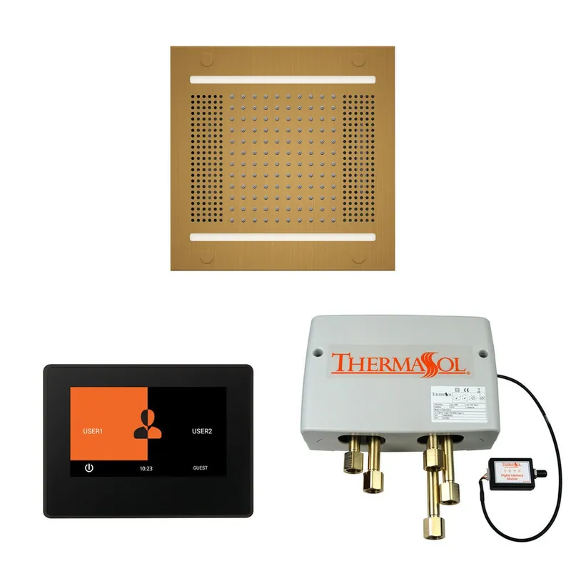 Worldwide Shipping ThermaSol The Wellness Antique Brass Finish Hydrovive14 Shower Square Package with 7" ThermaTouch
