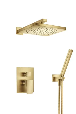 Worldwide Shipping Flusso Faucets Serie 196 Two Output Shower Set With Shower Head and Hand Held in Satin Brass (196.3300SB)