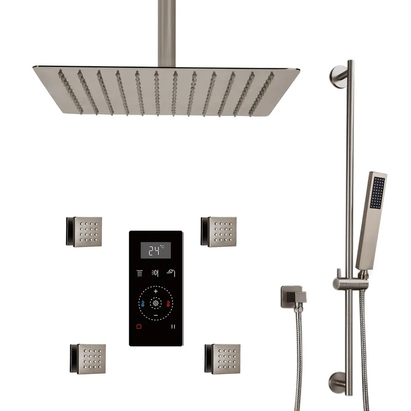Fast Shipping Fontana 24" Brushed Nickel Ceiling Mounted Rainfall Digital Thermostat Mixer Shower System Without 4-Jet Body Spray, Hand Shower and Water Powered LED Lights